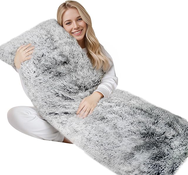ZonLi Fuzzy Body Pillow Cover, 54"x20" Fluffy Plus Faux Fur Decorative Pillowcase with Zipper for Bedroom (Grey)