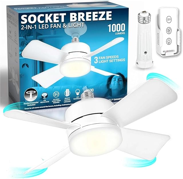 Bell+Howell Socket Breeze Modern Ceiling Fans 10" Mini Light Socket Fan
