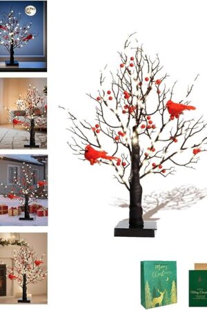 Vintage Glowing Tree with Cardinals - 21 in Battery Powered LED Lighted Cardinal Tree Ornaments, Twinkle Trees Lamp for Christmas, Halloween, Thanksgiving, Home Décor (1pcs)