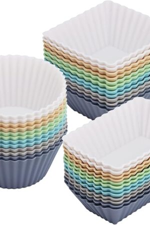 36-Pack Silicone Cupcake Liners, Reusable Muffin Cups – Round, Square & Rectangle Baking Cups, Non-Stick, Easy to Clean, Bento Box Accessories, Lunch Box Dividers for Kids(36 Liners + 20 Animal Picks)
