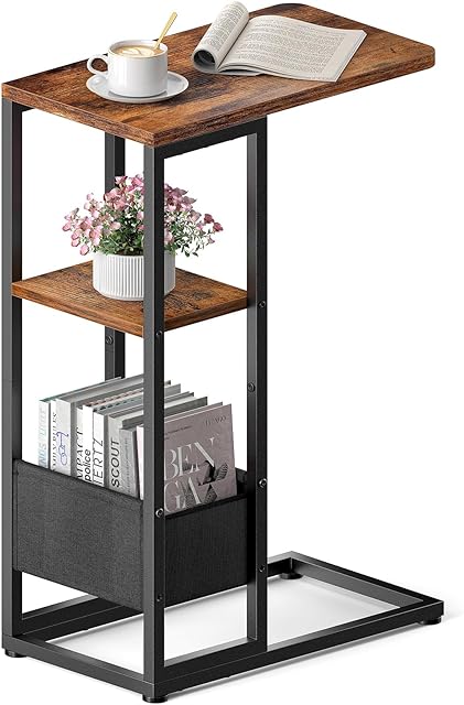 C Shaped End Table, Small Side Table for Couch, Recliner, Slide Under Sofa Tray Desk Snack Tables with Storage Bag for Living Room,Bedroom, Small Spaces - Rustic Brown