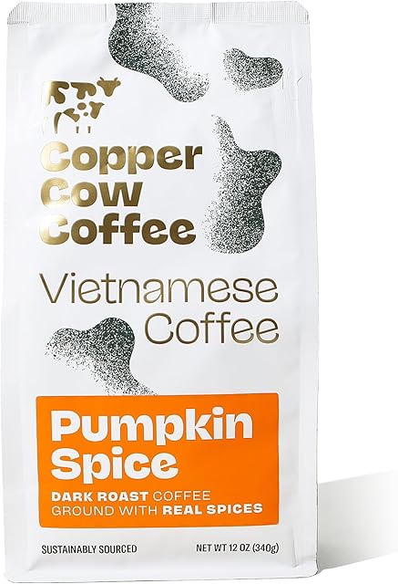 Copper Cow Premium Vietnamese Ground Coffee, 12 OZ | Pumpkin Spice Flavored Coffee | Dark Roast Made with Real Cinnamon | Vietnamese Coffee