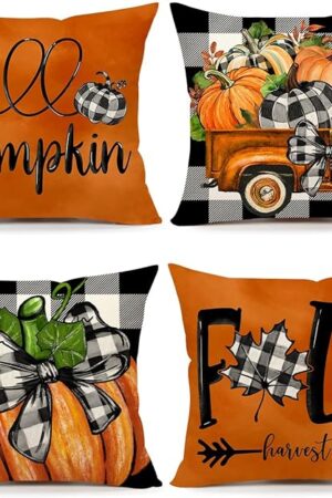 4TH Emotion Fall Pillow Covers 18x18 Set of 4 Thanksgiving Buffalo Check Farmhouse Decorations Orange Pumpkin Outdoor Autumn Farm Truck Pillows Decorative Throw Cushion Case for Home Decor S23F22