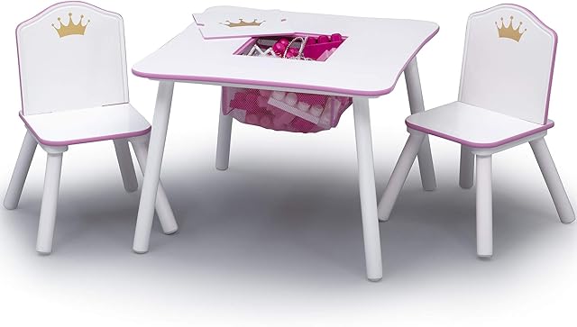 Delta Children Princess Crown Kids Wood Table and Chair Set with Storage - Greenguard Gold Certified, White/Pink