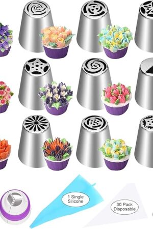 47 Pcs Russian Piping Tips Set, 12 Flower Frosting Nozzles Icing Tips for Cake Decorating Tips Kit, Baking Supplies for Cookie Cupcake, 2 Leaf Piping Tips 2 Couplers 30 Pastry Baking Bags YLYL