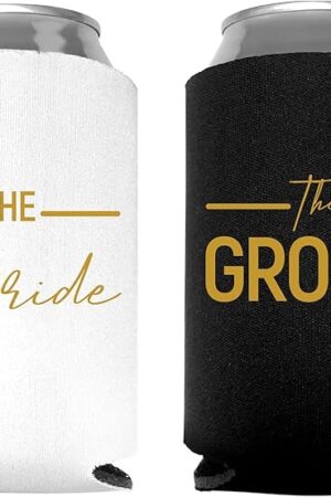 Bride and Groom Can Coolers - 1 White and 1 Black Beer Coolie, Perfect Wedding, Engagement, or Bridal Shower Gift