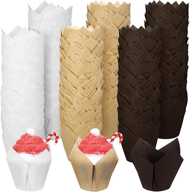 Funtery 600 Pcs Mini Size Tulip Cupcake Liners Mini Baking Cups Non Stick Baking Cups Grease Resistant Muffin Paper Liners Cupcake Wrappers for Wedding Birthday Party(White, Brown, Beige)