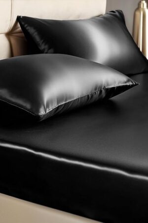 BEDELITE Satin Queen Fitted Sheet & Pillowcase Set - 3-Piece Luxury Soft Silk-Like with 1 Deep Pocket Fitted Sheet (Fits 15" Mattress) & 2 Pillowcases, Elastic Corner Straps (Black)