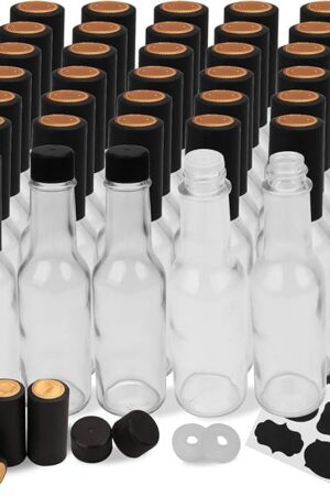 Encheng 5oz Clear Woozy Bottles with Shrink Capsules,Small Wine Bottle With Shirnk Bands Glass Hot Sauce Bottles,Empty Small Beverage/Canning Bottls With Black Caps Case of 35