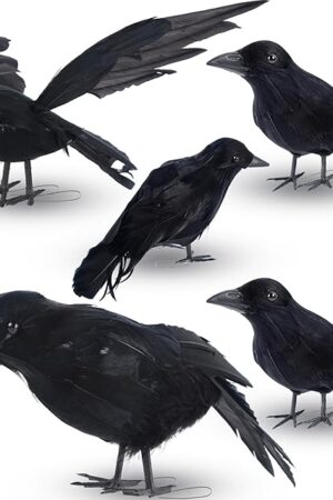 DR.DUDU 5 Pack Halloween Crows Decor, Realistic Black Feather Ravens with Eyeball & Flying Pose, Fake Crow for Indoor/Outdoor Decorations, Scarecrow Displays, Party & Cemetery Props (Assorted Poses)