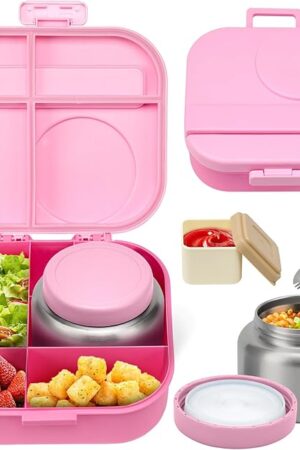 Bento Lunch Box with 12oz Soup Thermo,4 Compartments Lunch Box Containers, Spoon&Sauce Jar, BPA Free&Leak proof,Insulated Food Jar for Travel(Pink)