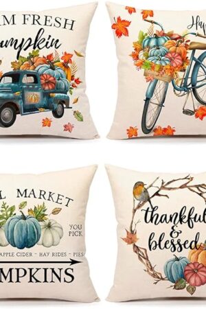 4TH Emotion Fall Decor Pillow Covers 18x18 Set of 4 Thanksgiving Blue Pumpkin Farmhouse Decorations Thankful Blessed Farm Outdoor Fall Pillows Decorative Throw Cushion Case for Home Couch TH031-18