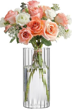 ComSaf Glass Cylinder Vases, Bud Vase for Centerpieces, 8 Inch Tall Ribbed Vase Hurricane Floating Candle Holder, Decorative Flower Vases for Wedding Reception, Home Decor, Housewarming Gift (Clear)