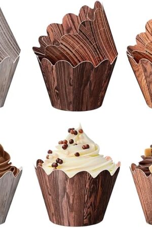 120 Pcs Wood Grain Cupcake Wrappers Baby Shower Rustic Cupcake Liners Woodland Theme Cake Wrappers for Baby Shower Birthday Wedding Neutral Gender Forest Fall Party Decor
