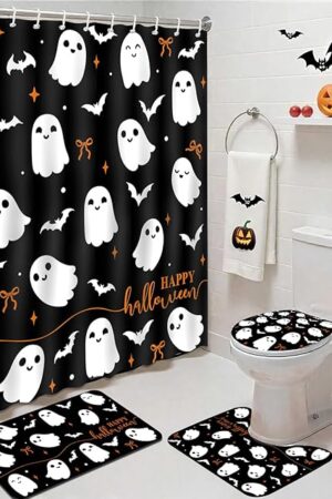 4Pcs Halloween Shower Curtain Set Black Spooky Bow Ghost Shower Curtain Set for Halloween Bathroom Decor with Anti-Slip Waterproof Bathtub Bathroom Rugs Toilet Lid Cover