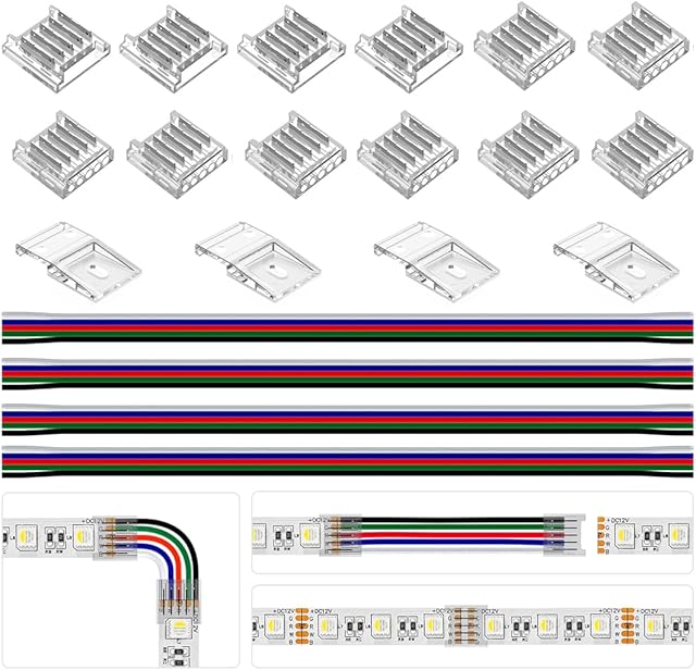 BTF-LIGHTING SMD 5 Pin 12mm 0.47in Width Transparent Connector Kit, 4xGapless Solderless 8pcs Corner Connectors,4pcs 5.9in Long 22AWG Extension Wires,Support 5050 SMD RGBW LED Strip