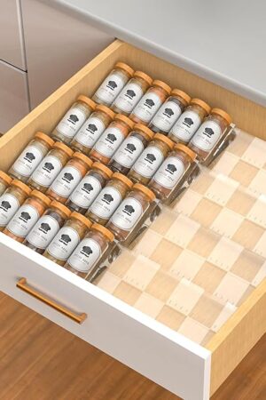 4-Tier Non-Slip Spice Drawer Organizer, 4-Pack Checkered Frosted Clear Acrylic, Expandable (11''-22'') Spice Rack for Kitchen Drawer Storage – Holds Seasonings, Herbs, and Spices (Jars Not Included)