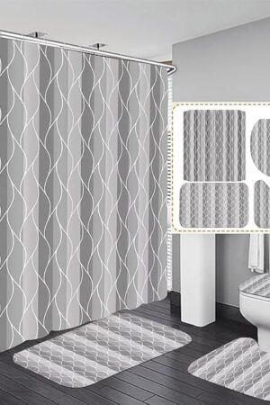 DDQQ 4Pcs Grey Shower Curtain Set with Rugs Stripe Bathroom Sets Geometric Wave Lines Shower Curtain with 12 Hooks Bathroom Decor with Rugs Bath Accessories with Mats Toilet Lid Cover
