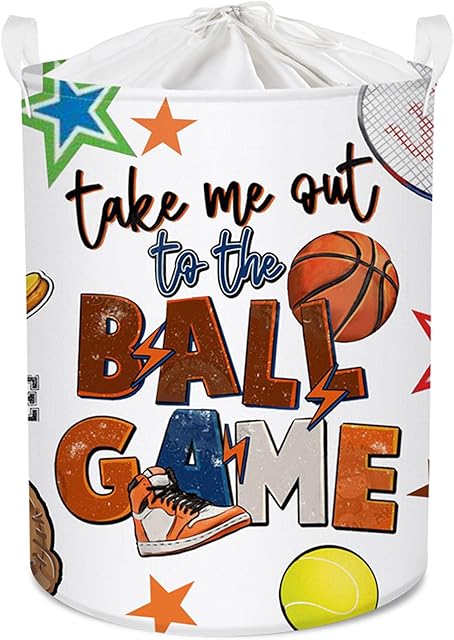 Clastyle 45L Large White Ball Basketball Football Kid Boy Laundry Hamper with Handle Collapsible Volleyball Tennis Sports Clothes Toy Storage Basket with Lid for Nursery