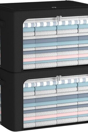 2 Pack Clothes Storage Bins Foldable Metal Frame Storage Box Linen Fabric Organizer Set with Carrying Handles and Clear Window (Black, 15.7x 11.8x 7.8Inch)