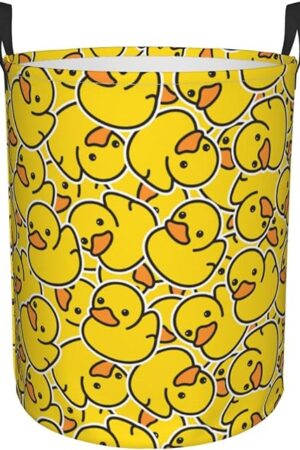 38L Round Laundry Hamper Cute Rubber Ducky Storage Basket Waterproof Coating Yellow Cartoon Ducks Organizer Bin For Nursery Clothes Toys
