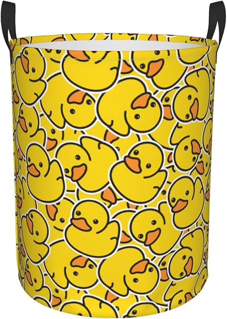 38L Round Laundry Hamper Cute Rubber Ducky Storage Basket Waterproof Coating Yellow Cartoon Ducks Organizer Bin For Nursery Clothes Toys