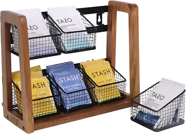 HTB 2 Tier Tea Organizer for Tea Bags, Tea Bag Holder with Acacia Wood Stand and 6 Removable Metal Basket for Sugar Packets, Sweeteners, Creamers for Cabinet, Countertop or Wall-mounted