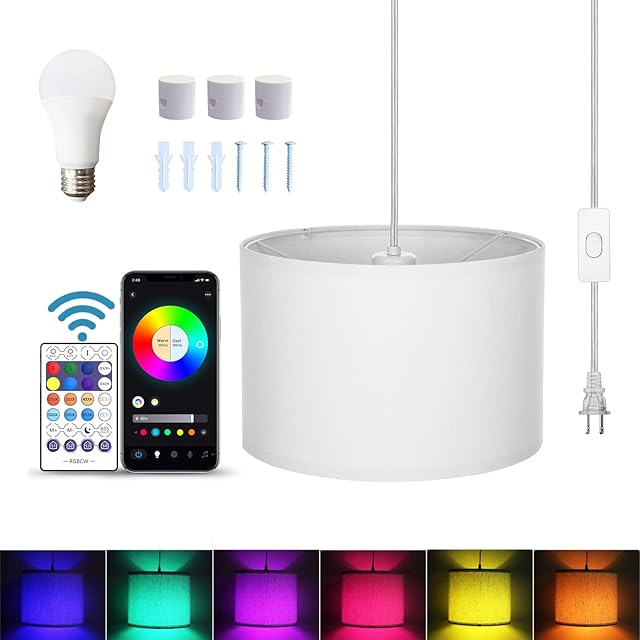 15FT Hanging lamp with Switch,White Hanging Lights with Plug in Cord, Pendant Lamp with Remote Control,Pendant Light Fixture for Living Room Bedroom Farmhouse