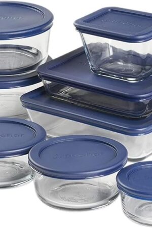 Anchor Hocking 16 Piece Glass Storage Containers with Lids (8 Glass Food Storage Containers & 8 Navy Blue SnugFit Lids)