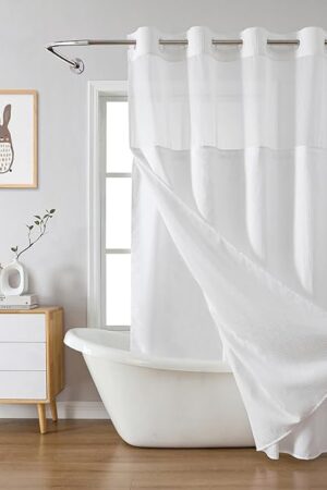 White No Hook Waffle Weave Shower Curtain with snap-in Liner Replacement, 230GSM Waterproof Fabric Hotel Shower Curtain Set for Bathroom, Through Mesh Top Window,71Wx74H