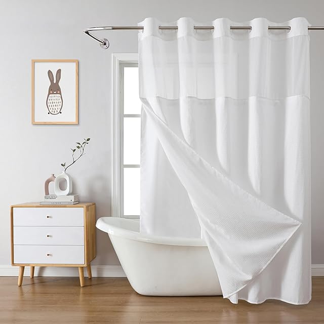 White No Hook Waffle Weave Shower Curtain with snap-in Liner Replacement, 230GSM Waterproof Fabric Hotel Shower Curtain Set for Bathroom, Through Mesh Top Window,71Wx74H