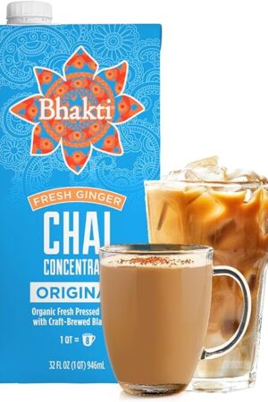 Bhakti Chai Tea Concentrate | Original, Organic Fresh Ginger, Black Tea, Sweetened, Spiced, Dairy-Free, Vegan, 32oz