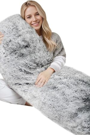 ZonLi Fluffy Body Pillow, Full Body Pillows for Adults, Long Pillow for Sleeping with Removable Cover and Adjustable Filling for Side Sleeper & Pregnancy，Large and Firm Pillow, Machine Washable(Grey)