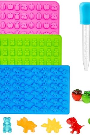 3Pcs Gummy Candy Molds for Kids - Silicone Mini Gummy Bear/Dinosaur/Fruit Snack Molds with 2Pcs Dropper,Non-stick and Bpa Free for Candy Chocolate Gummies Baking
