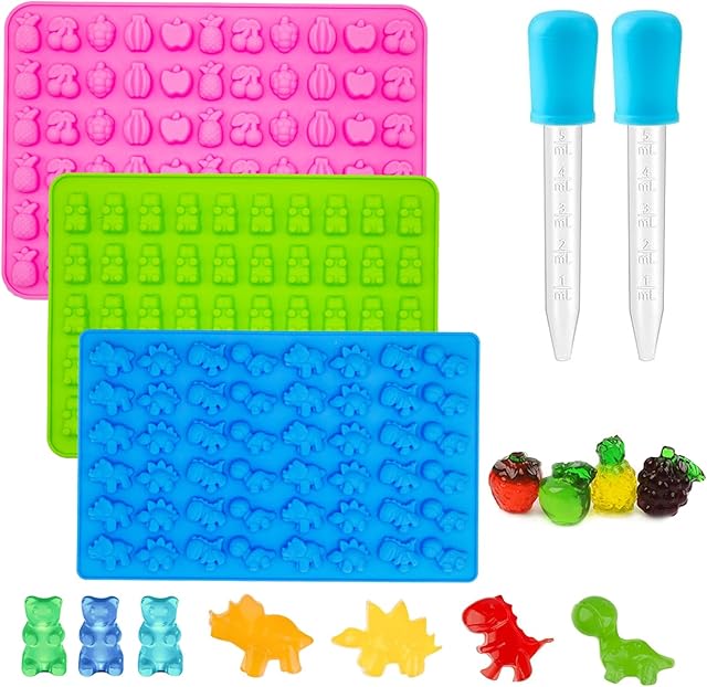 3Pcs Gummy Candy Molds for Kids - Silicone Mini Gummy Bear/Dinosaur/Fruit Snack Molds with 2Pcs Dropper,Non-stick and Bpa Free for Candy Chocolate Gummies Baking