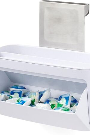 YouCopia DoorStash™ Dishwasher Pod Holder with Lid, Hanging Storage Container for Detergent, Speckled White