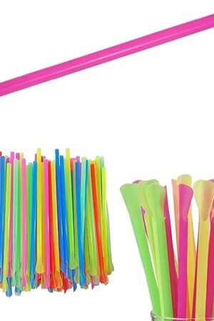 Concession Essentials 8'' Unwrapped Snow Cone Spoon Straw Assorted Bright Colors. Pack of 200ct.