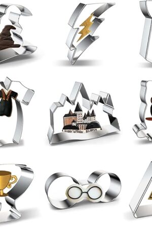 Witchcraft and Wizardry Cookie Cutters Set 9-Piece Halloween Witch and Wizard Cookie Cutter with Witch's Hat, Glasses, Lightning Bolt, Owl, Magic Castle, Triangle, Goblet of Fire Cup, Robe and Tie