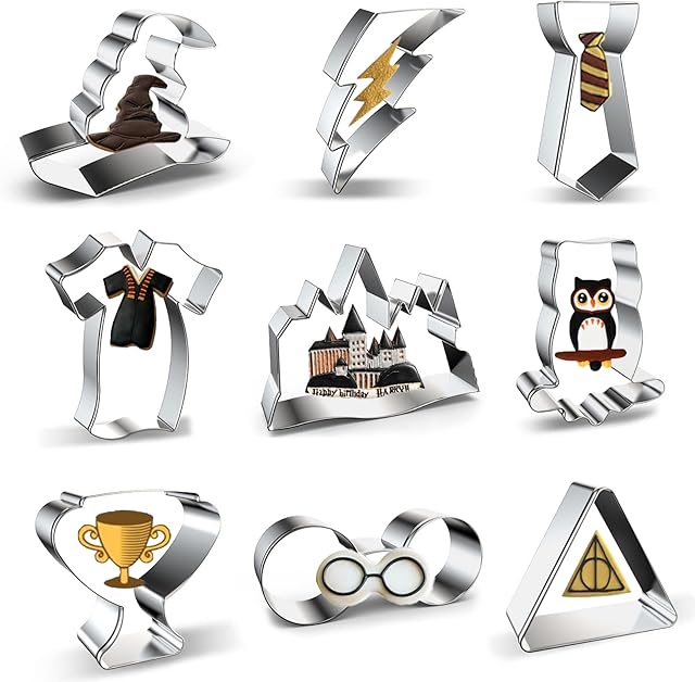 Witchcraft and Wizardry Cookie Cutters Set 9-Piece Halloween Witch and Wizard Cookie Cutter with Witch's Hat, Glasses, Lightning Bolt, Owl, Magic Castle, Triangle, Goblet of Fire Cup, Robe and Tie