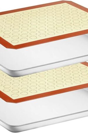 Wildone Baking Sheet with Silicone Mat Set, Stainless Steel Cookie Pan with Baking Mat, Size 16 x 12 x 1 Inch, Set of 4-2 Sheets + 2 Mats
