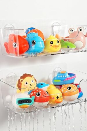 Bath Toy Storage Organizer 2 Pack, Transparent Bath Toy Holder with Drain Holes, Durable Plastic Bathtub Toy Storage for Bathroom, Quick-Dry Drainable Shower Caddy, Easy to Clean and Install