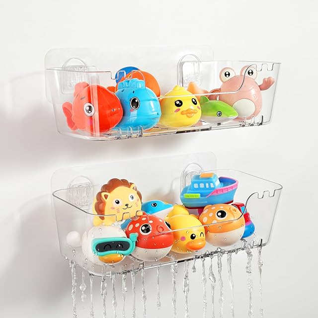 Bath Toy Storage Organizer 2 Pack, Transparent Bath Toy Holder with Drain Holes, Durable Plastic Bathtub Toy Storage for Bathroom, Quick-Dry Drainable Shower Caddy, Easy to Clean and Install