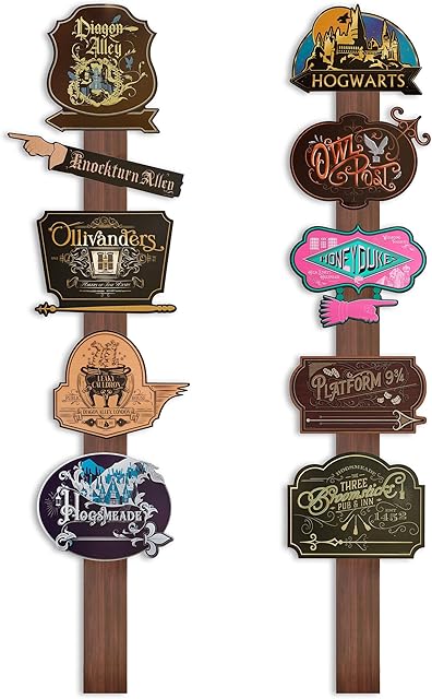 Conquest Journals Harry Potter Wizarding World Directional Sign Set, Officially Licensed, 12 Pieces, 10 6'' x 9'' Location Signs & 2 48'' Posts, Cardstock, Party Decorations or Home Decor