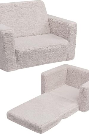 ALIMORDEN Kids Couch, 2-in-1 Fold Out Toddler Chair & Snuggly Foam Lounger Seat, Removable Washable Cover - Soft Reading Couch, Ideal Gift for for Boys and Girls, Light Grey