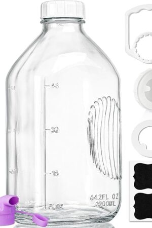 64 Oz Heavy Duty Glass Milk Bottle with Reusable Airtight Strong SCREW LID - 1/2 Gallon Water Bottles with Scale Lines - 2 Qt Glass Milk Jug Pitcher - Extra Gaskets & Handle!