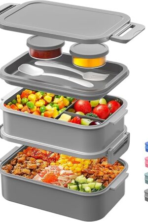 DaCool Adults Lunchbox Bento Box - 74 OZ All-in-One Stackable Lunch Box for Adults Men Women Teens Leakproof Bento Large Lunch Box Containers with Fork Spoon Sauce Box for Dining Out Work School,Grey