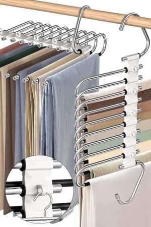 9 Layers Pants Hangers Space Saving, 2 Pack Multifunctional Pant Rack Stainless Steel Closet Organizer for Pants Jeans Leggings Trousers, Antiquewhite