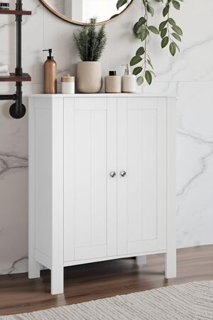 Bathroom Cabinet, Modern Bathroom Floor Storage Cabinet, Freestanding Organizer with Adjustable Shelves & Double Doors, 3-Tier Home Living Room Furniture