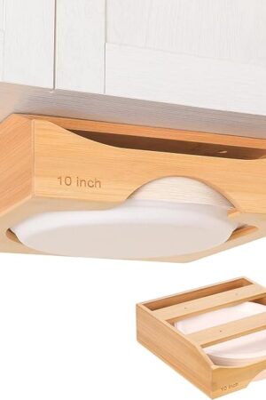 10-inch Paper Plate Dispenser Under Cabinet, Bamboo Paper Plate Holders, Kitchen Counter Vertical Plate Dispensers Holders Countertop Caddy(For 10-inch Plates, Bamboo)