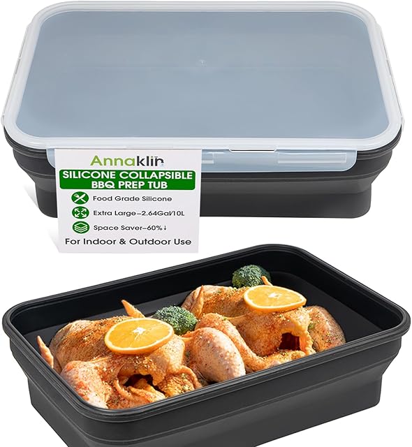 Silicone Collapsible Marinating Container with Lid for Meat, Extra Large Collapsible BBQ Prep Tub, 2.64Gal/10L, Transparent Locking Lid, XL Grill Prep Trays and Carry System, BBQ Must-Have, Black